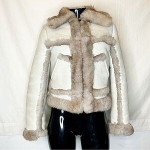 VINTAGE Shearling Leather Jacket White Tan Faux Fur Trim Cozy Boho Coat